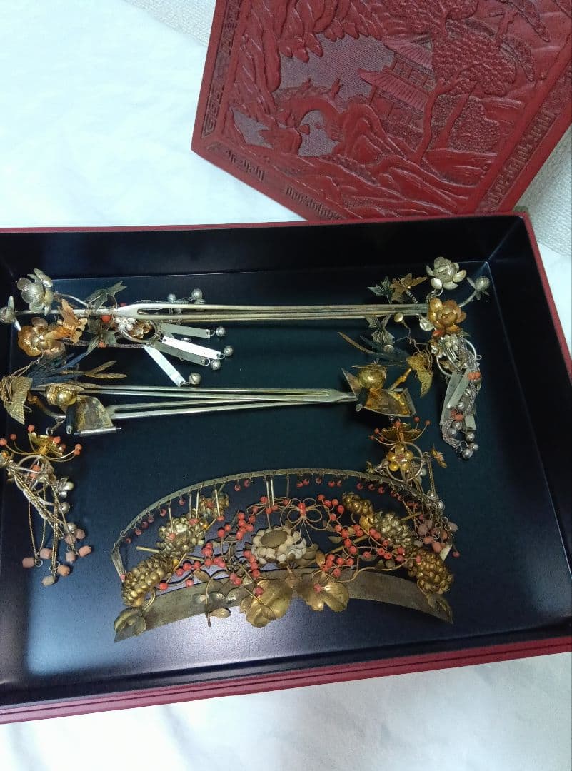 アンティーク　銀びら　かんざし　色々とかんざし入れ　日本髪　珊瑚