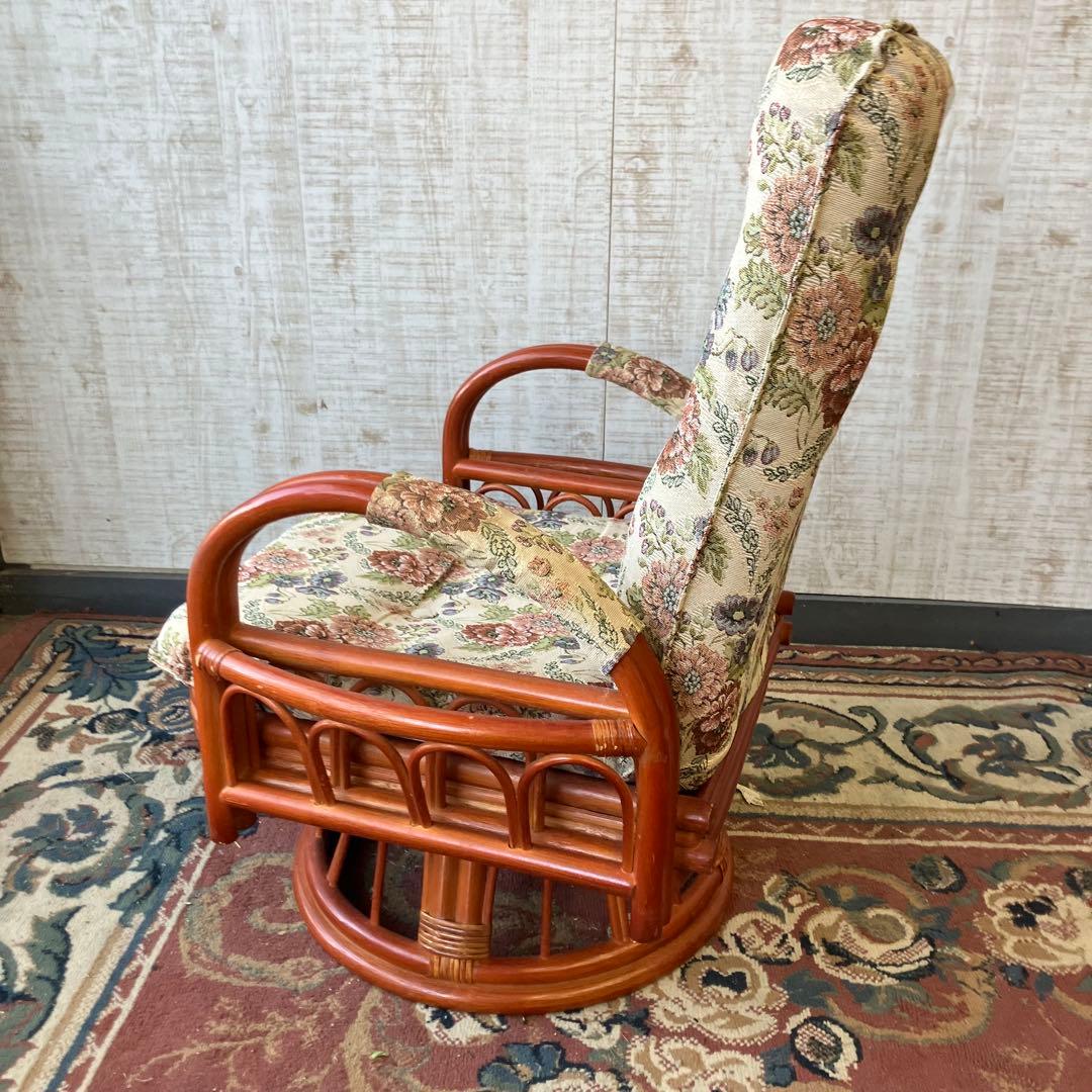 昭和レトロ 花柄ゴブラン織り 回転式ラタンリクライニングチェア アームチェア