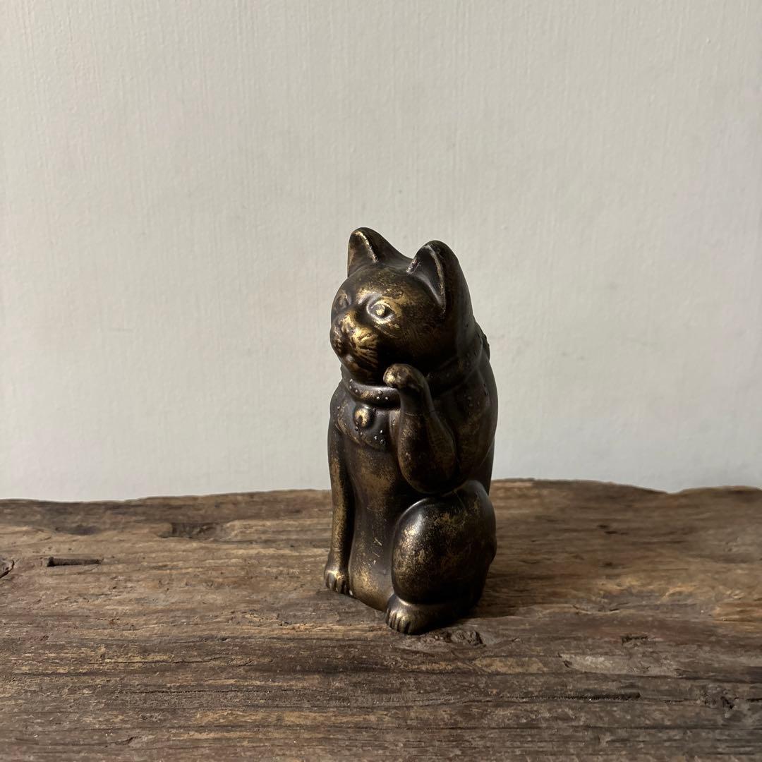 アンティーク　金属製の招き猫　縁起物　古道具　骨董品　福助人形　眠り猫　検:李朝