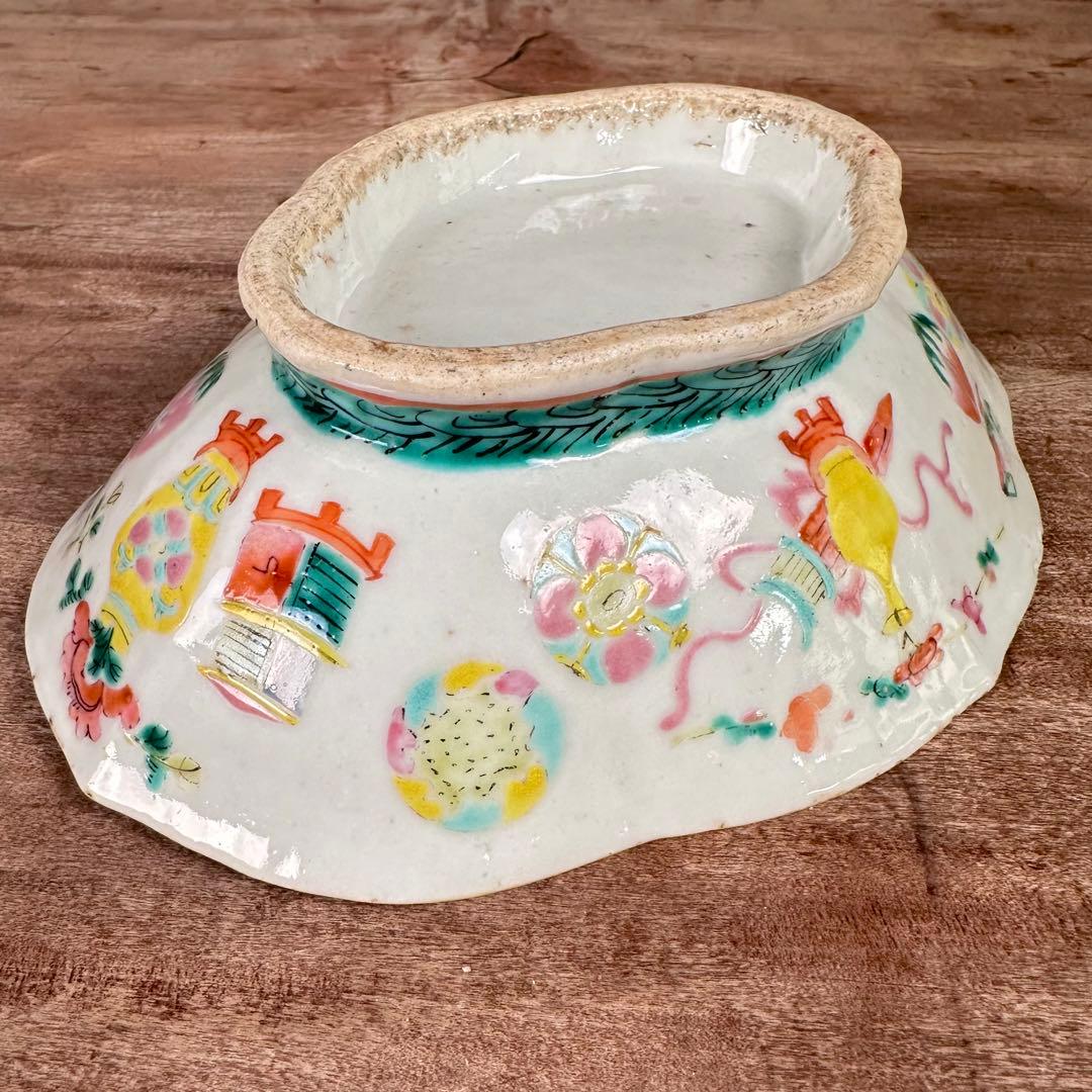 希少　粉彩　五彩花丸文　高台皿　変形鉢　清朝期　中国古玩　中国美術　骨董品