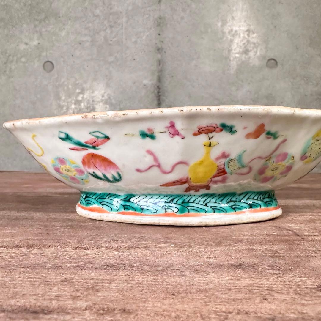 希少　粉彩　五彩花丸文　高台皿　変形鉢　清朝期　中国古玩　中国美術　骨董品