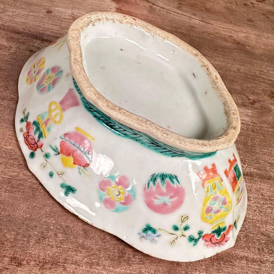 希少　粉彩　五彩花丸文　高台皿　変形鉢　清朝期　中国古玩　中国美術　骨董品