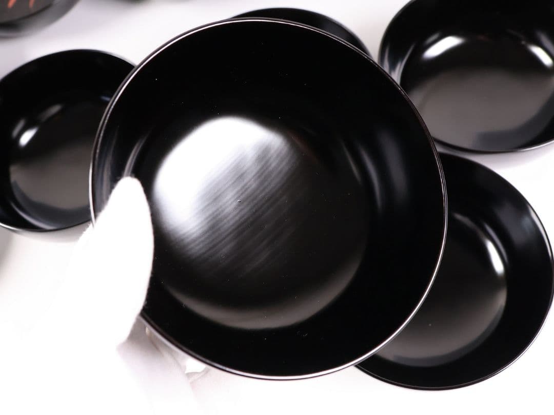 【MB197】輪島塗 天然木漆塗 黒塗椀 五客 蒔絵 大和絵 源氏絵 人物 昭和