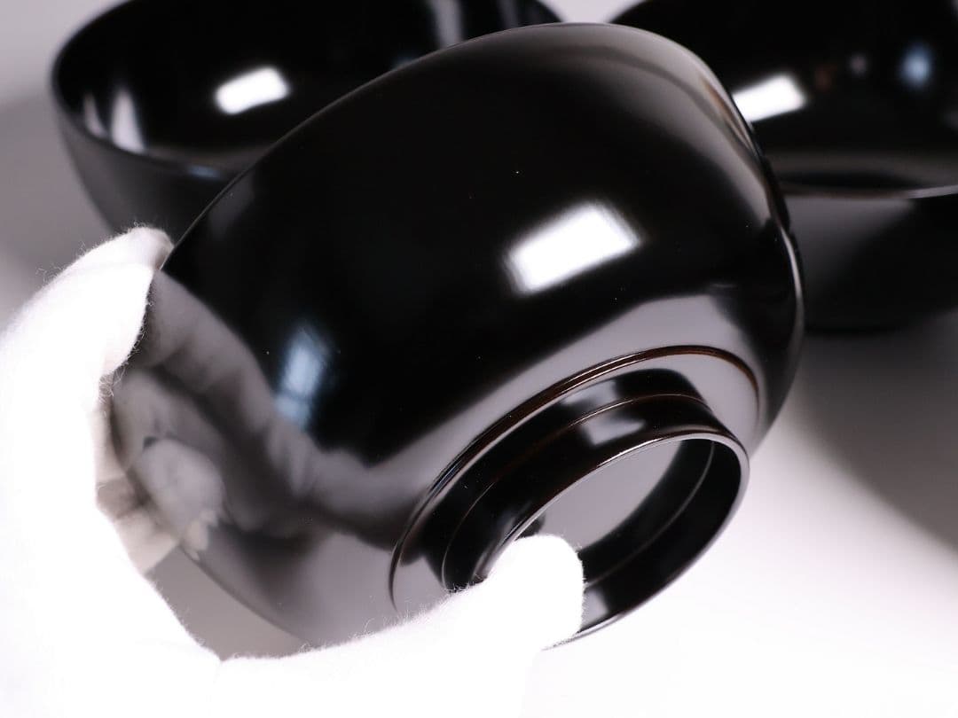 【MB197】輪島塗 天然木漆塗 黒塗椀 五客 蒔絵 大和絵 源氏絵 人物 昭和