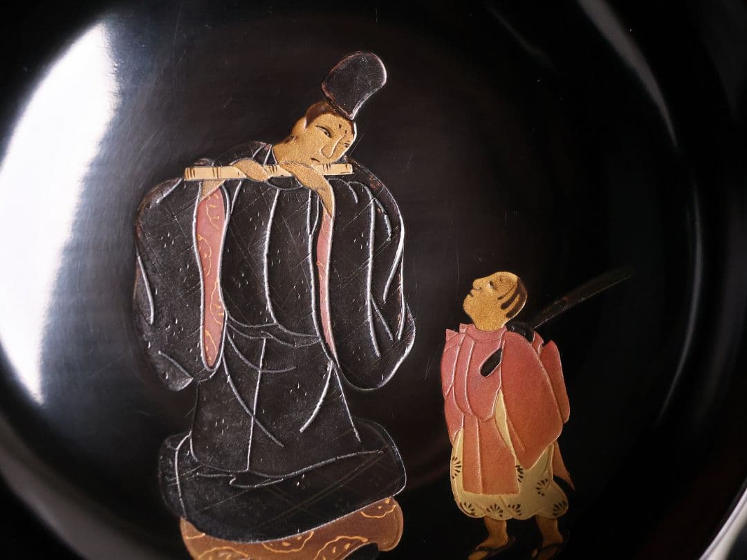 【MB197】輪島塗 天然木漆塗 黒塗椀 五客 蒔絵 大和絵 源氏絵 人物 昭和