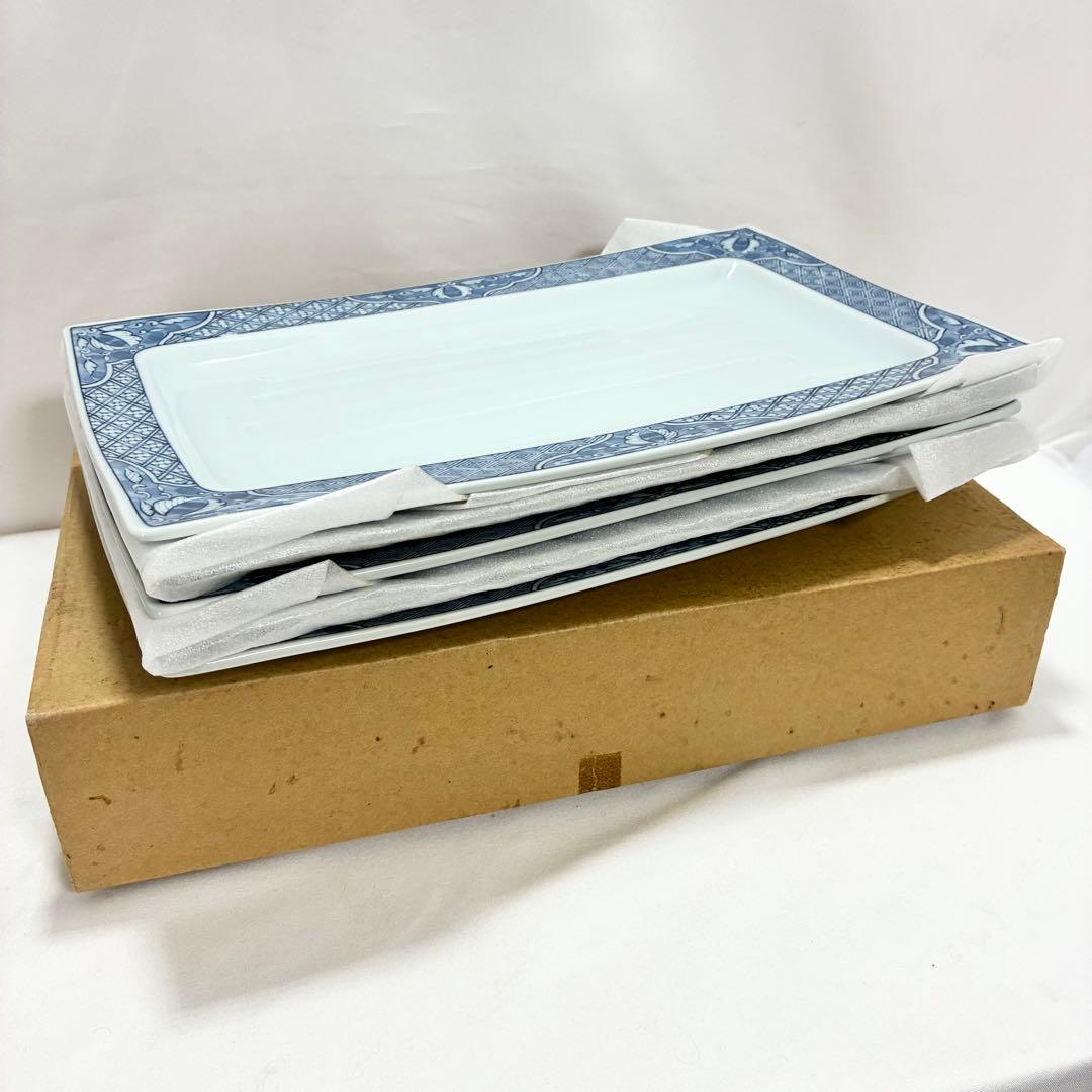 【未使用品】有田焼 龍峰窯 味楽染付長角皿揃 5枚セット 吉祥模様