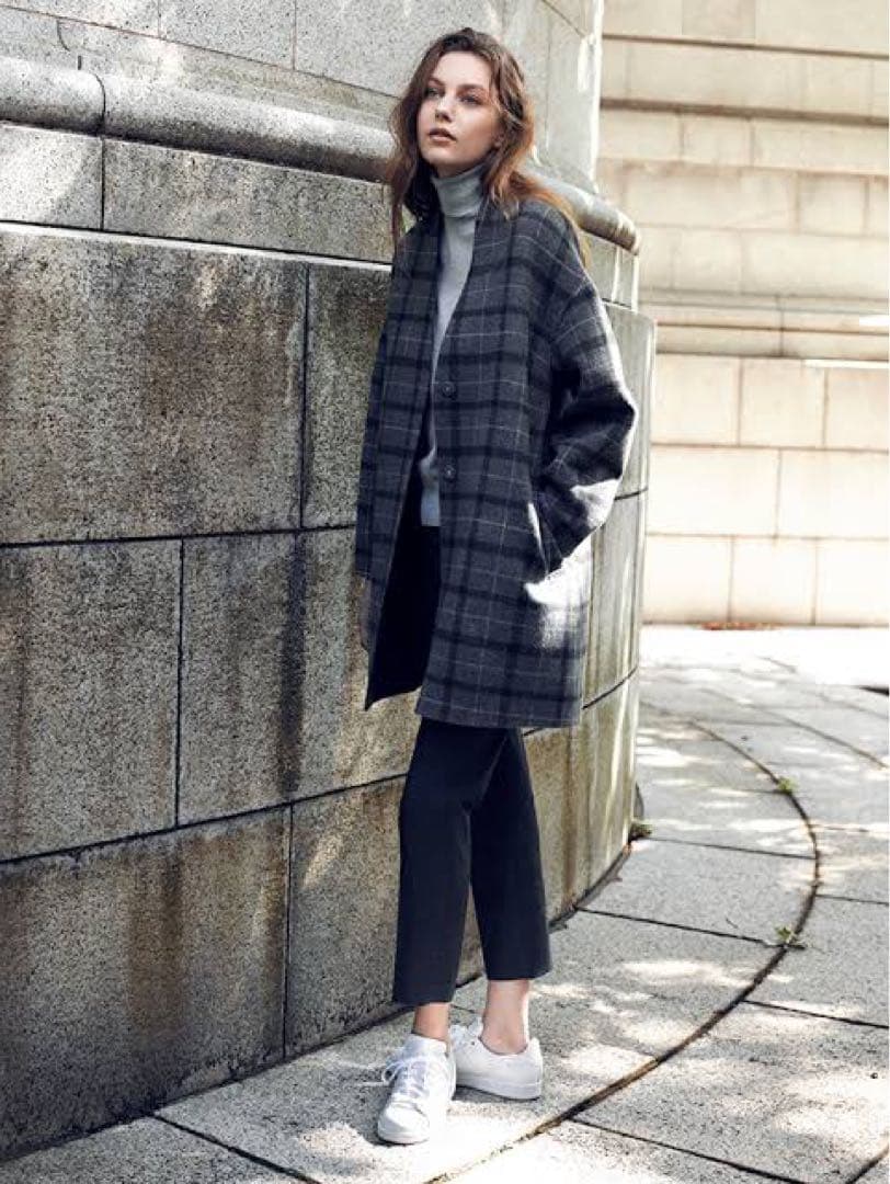 【極美品】theoryセオリー ウール混オーバーサイズチェックノーカラーコートM