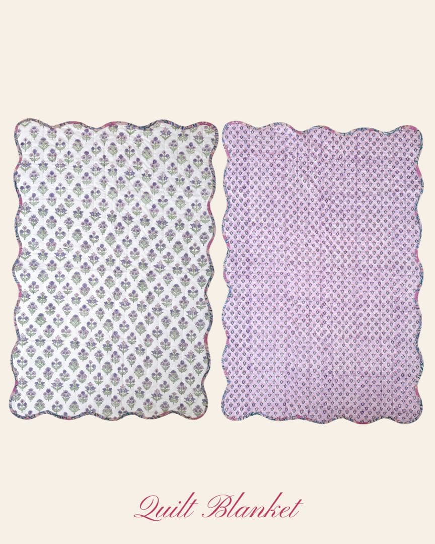ブロックプリント　うねうねキルトブランケット　ホワイト×パープル