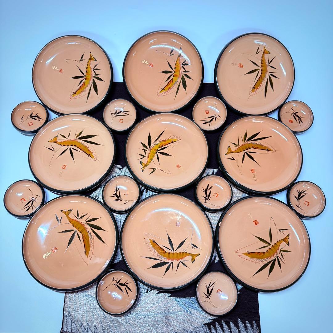 希少漆器　輪島塗　木製　溜塗　生盛　皿　小钵　中皿9客&豆皿10客