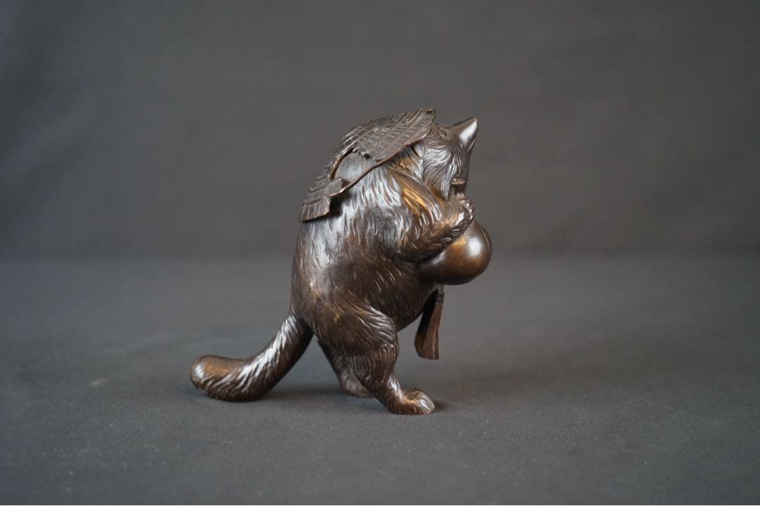 竹仙 銘 銅製 瓢箪持ち狸 置物 重さ約2kg 金属 美術 芸術 工芸品 飾り