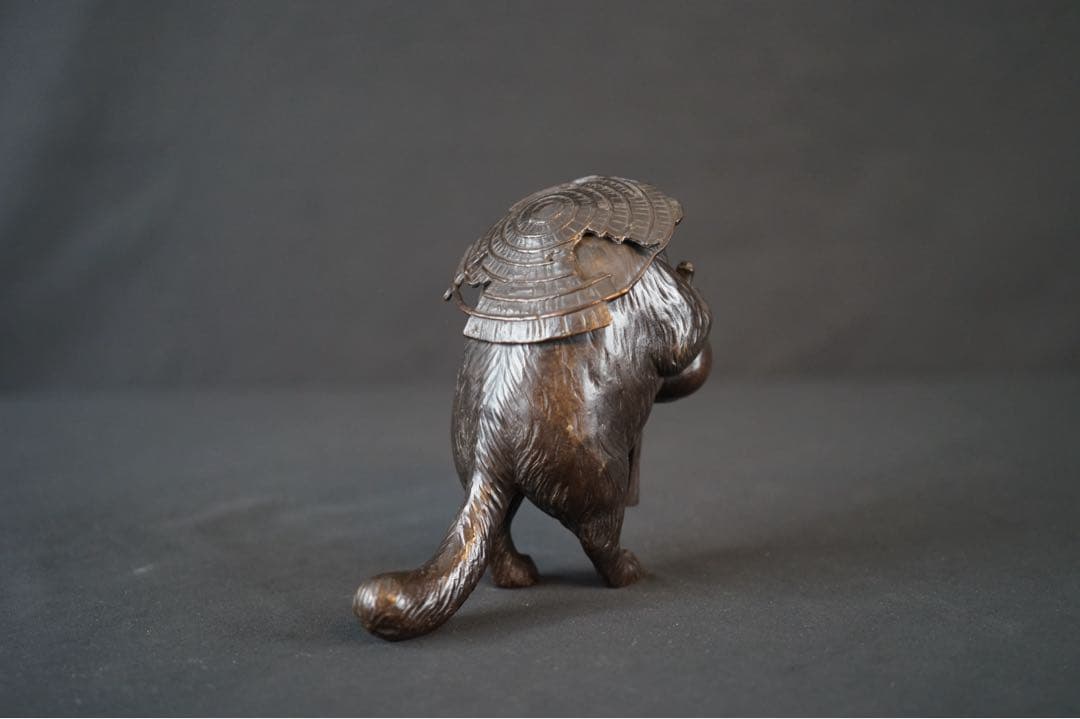 竹仙 銘 銅製 瓢箪持ち狸 置物 重さ約2kg 金属 美術 芸術 工芸品 飾り