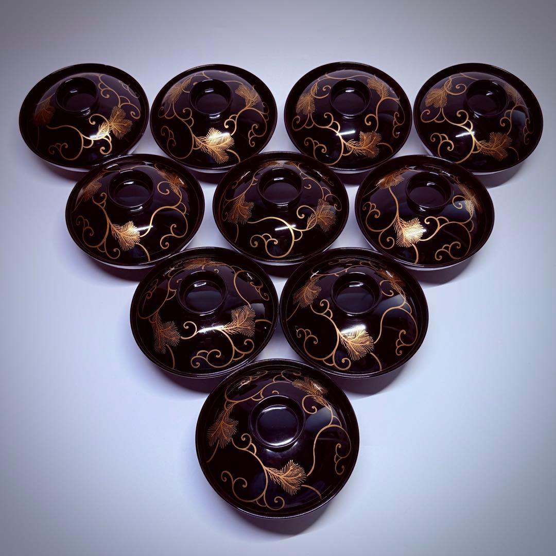 漆器　輪島塗　沈金　金蒔絵　羽　亀　鳳凰　木製　蓋付椀　お煮物椀　吸物椀　10客