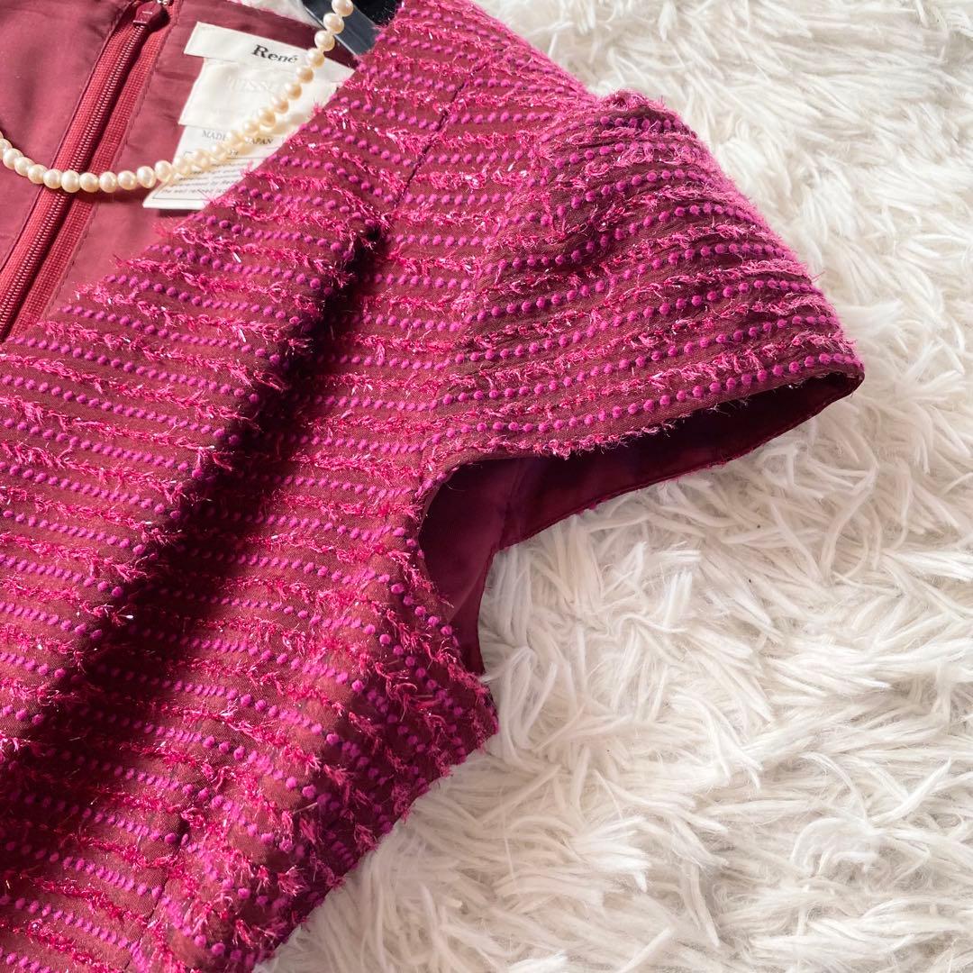 極美品✨Rene TISSUE社製 高級フレアワンピース リボン ワインレッド