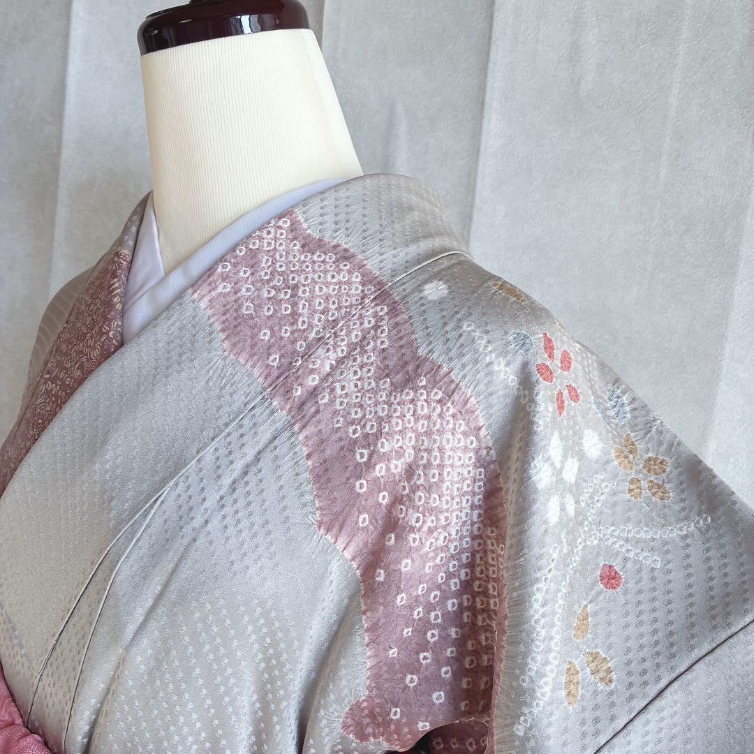 訪問着　フルセット　着物　正絹　絞り　雪輪　淡い　入学式　お祝い　N4
