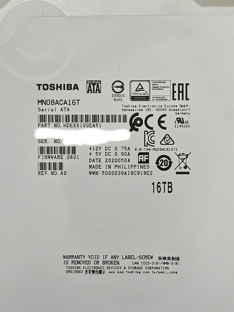 東芝　16TB HDD MN08ACA16T 稼働5300時間