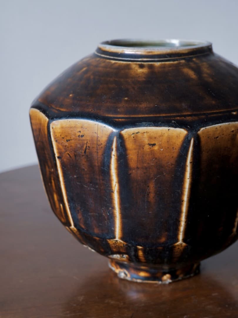 「19日まで掲載」李朝　朝鮮美術　飴釉　面取大壷　花瓶　古民藝　古道具Q2212