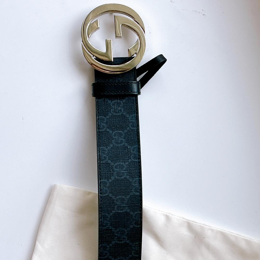 ほぼ未使用　グッチ　シマ インターロッキングG ベルト 85 GP×革 ブラック