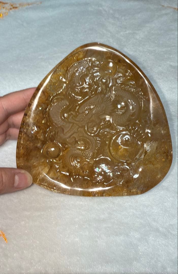 彫刻原石龍神様 宝珠 陰陽太極図 雲文 ゴールデンヒーラー リモナイト 虹 置物