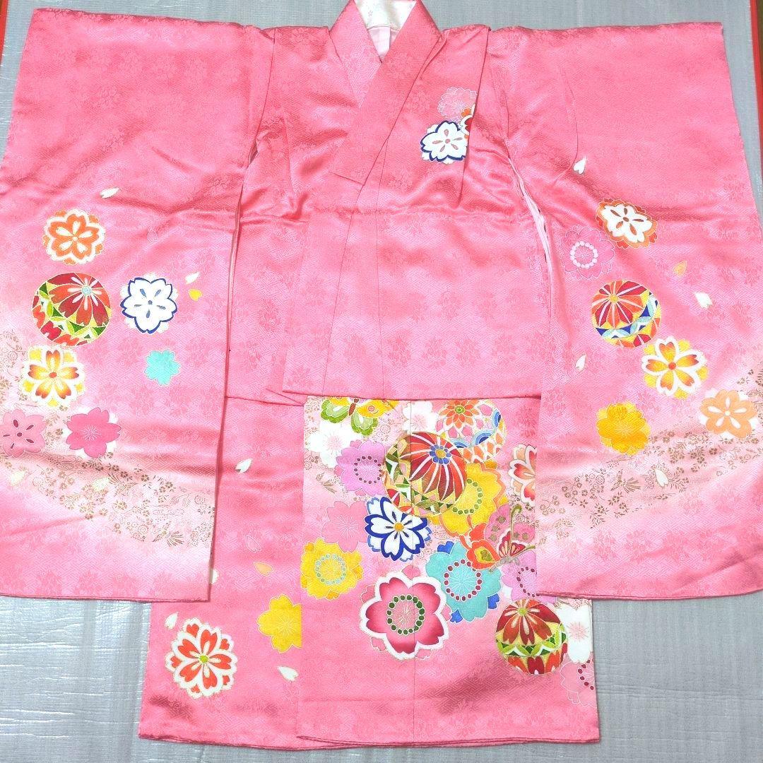 七五三フルセット　正絹　七歳　桜鞠文　1回着用　金駒刺繍　暈し染め　金彩　京友禅