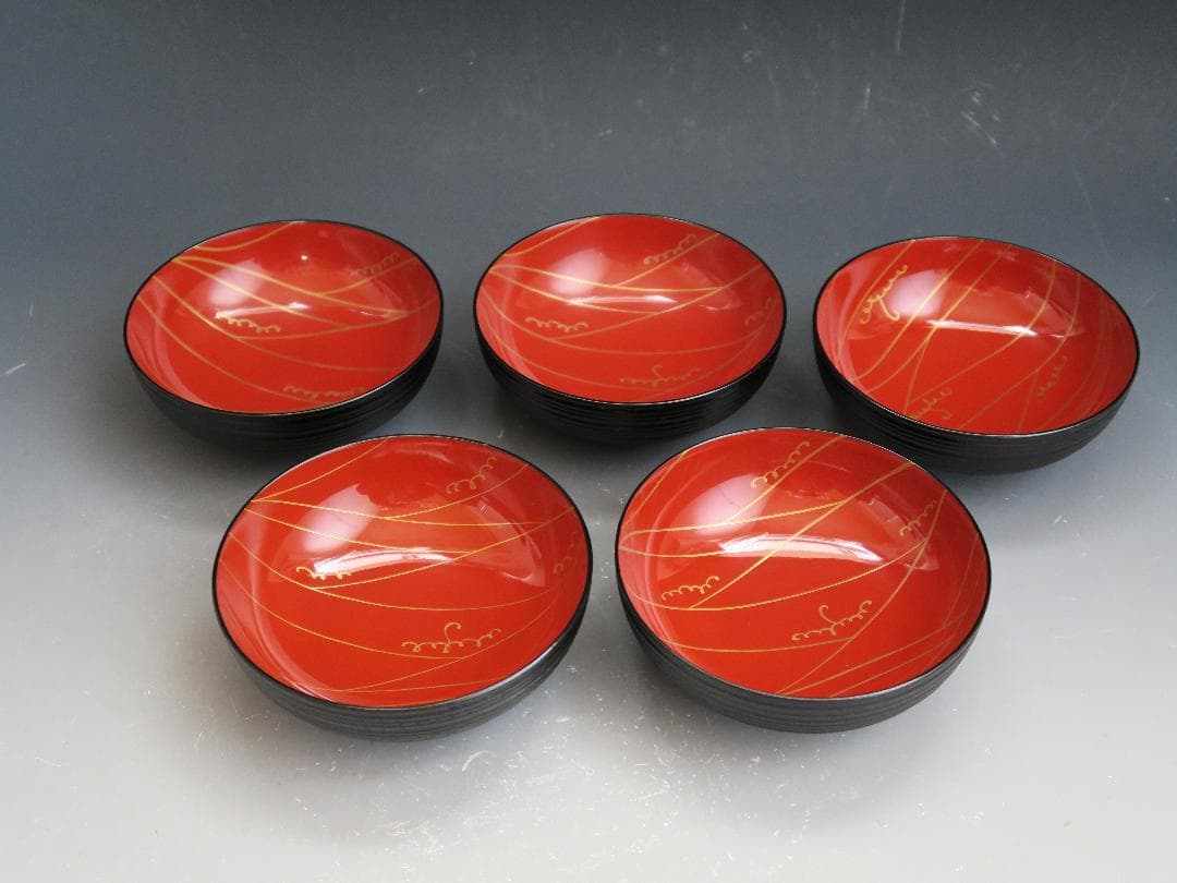 【輪島塗】輪州造 日之出蕨波（わらびなみ）蒔絵 椀 五客揃 天然木 共箱