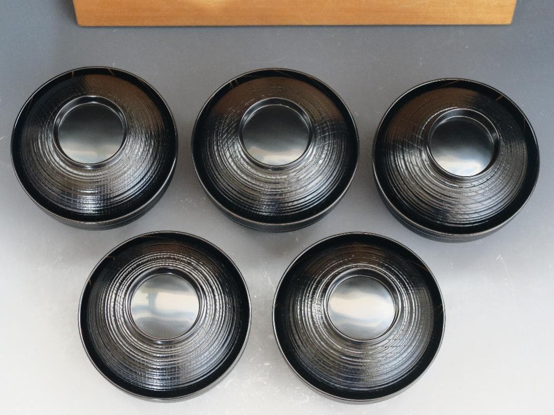 【輪島塗】輪州造 日之出蕨波（わらびなみ）蒔絵 椀 五客揃 天然木 共箱