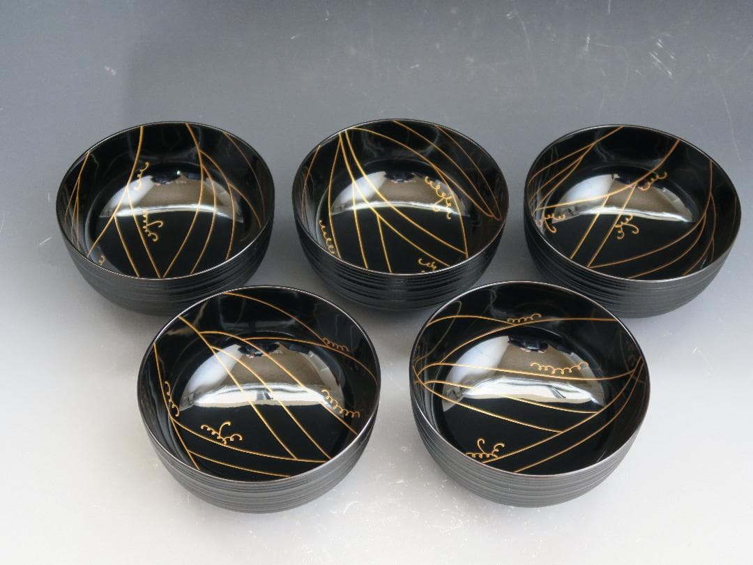 【輪島塗】輪州造 日之出蕨波（わらびなみ）蒔絵 椀 五客揃 天然木 共箱