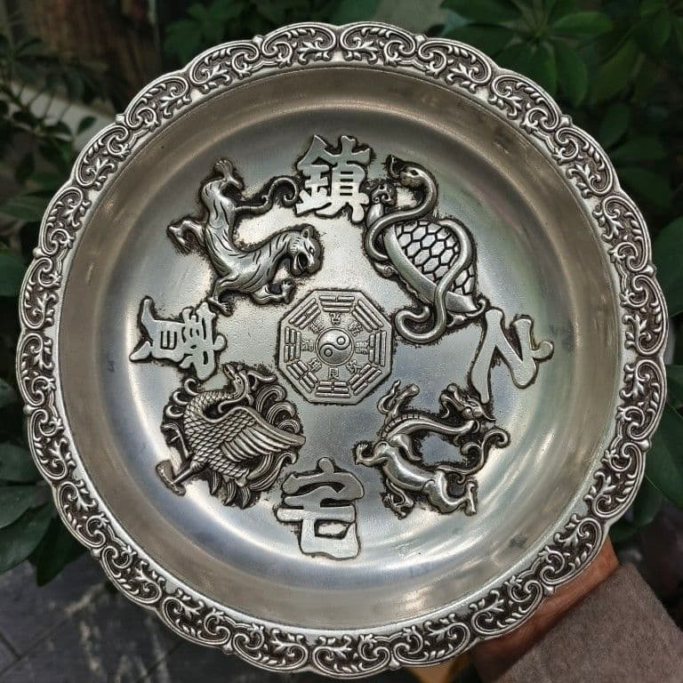 銅 細工 四大神獣 銅盤 聚宝盆鎮宅之宝 装飾品 工芸品 置物