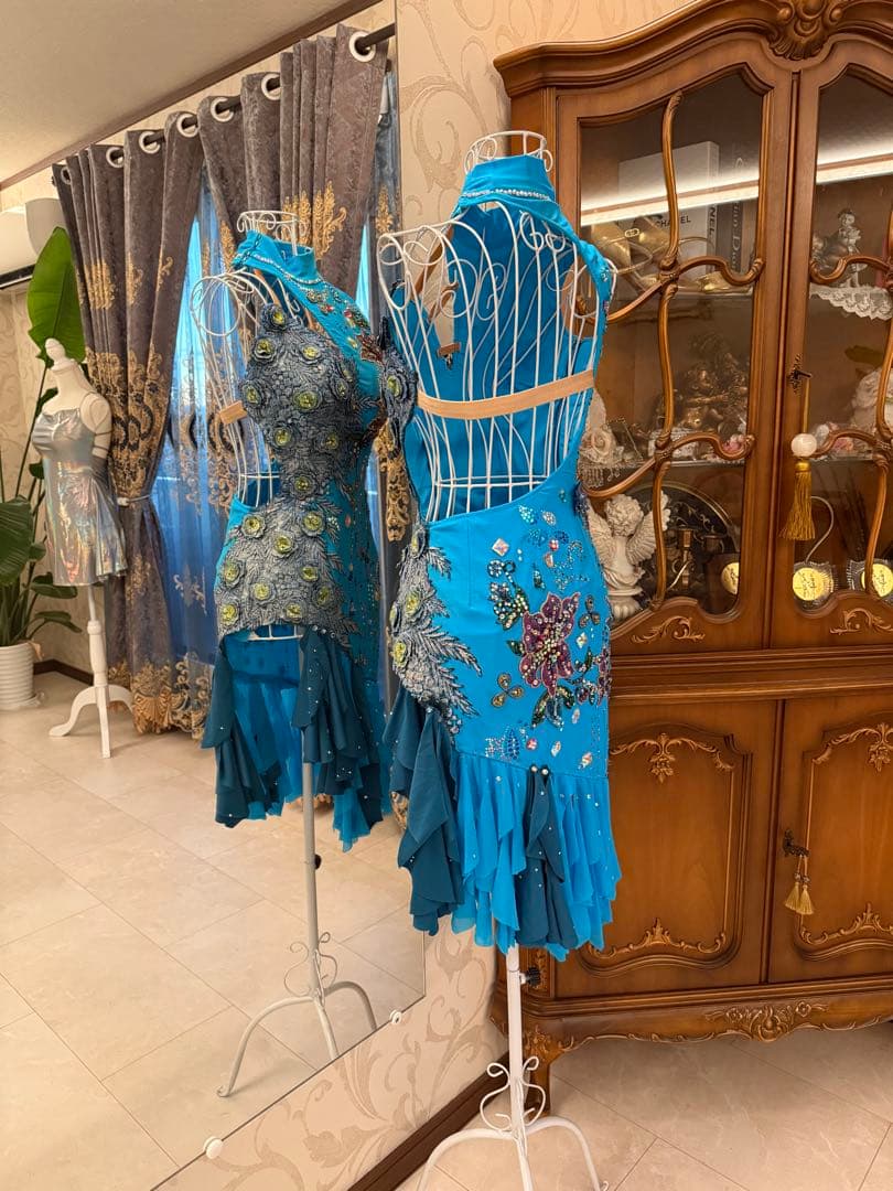 社交ダンス　ブルー　ラテン　ドレス　MＬ