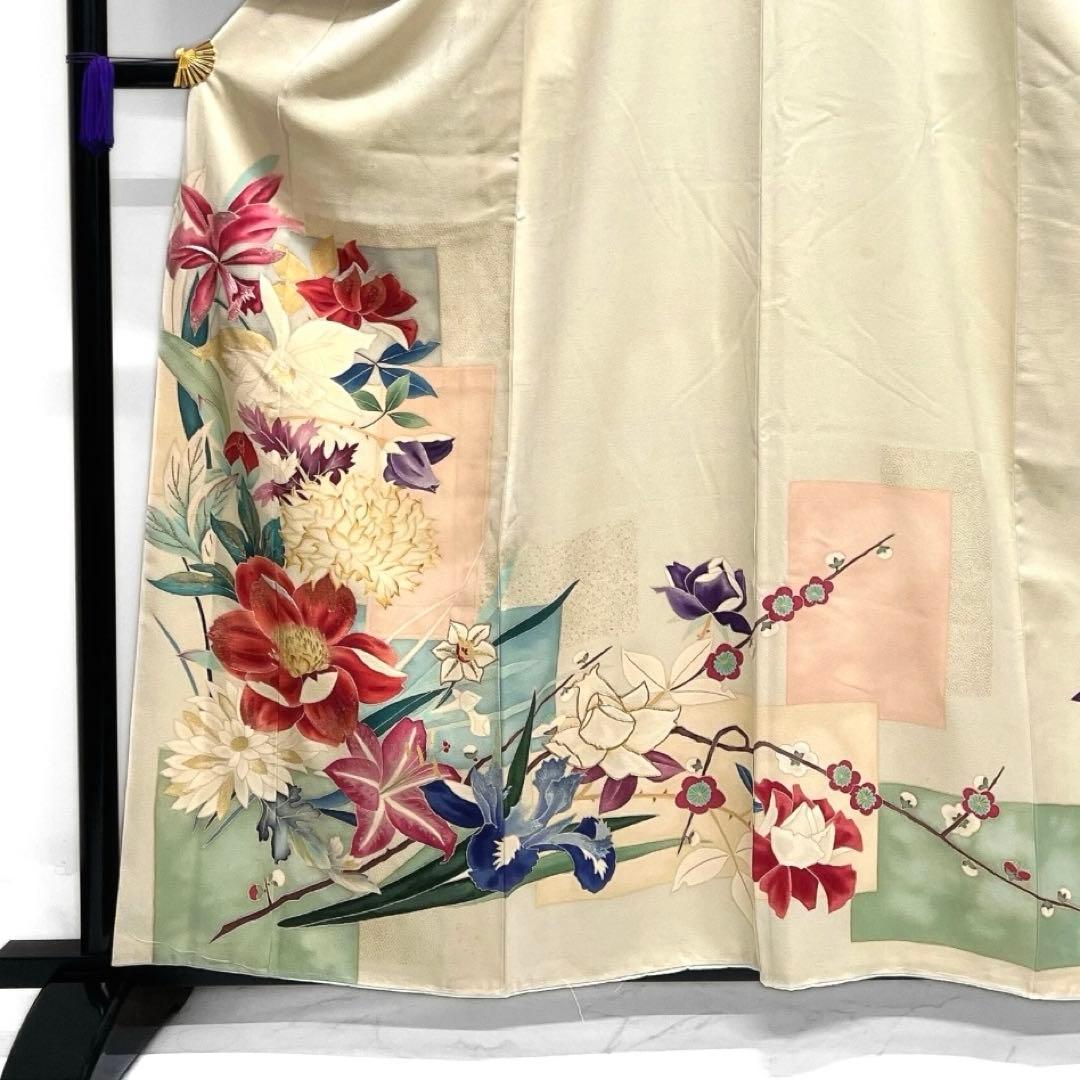 アンティーク　訪問着　刺繍　花模様　菊　百合　蘭　梅　紋無し　着物　112b d