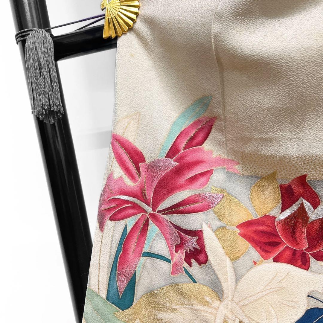 アンティーク　訪問着　刺繍　花模様　菊　百合　蘭　梅　紋無し　着物　112b d