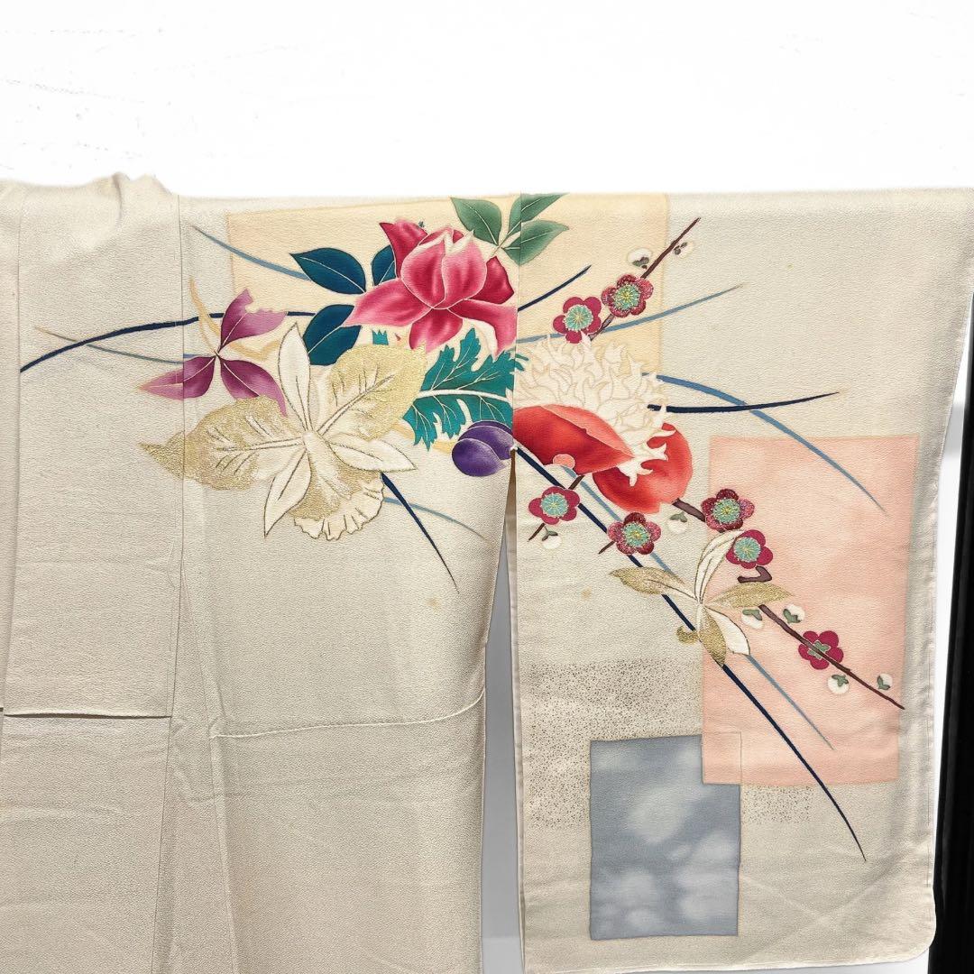 アンティーク　訪問着　刺繍　花模様　菊　百合　蘭　梅　紋無し　着物　112b d