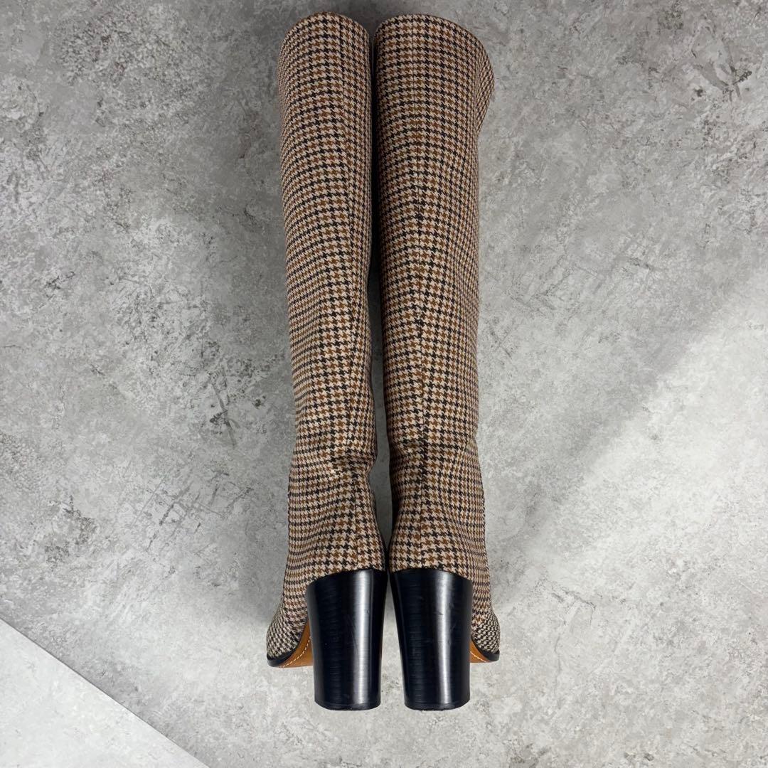 セリーヌ　CELINE ロングブーツ　36 チェック　ウール　ブラウン