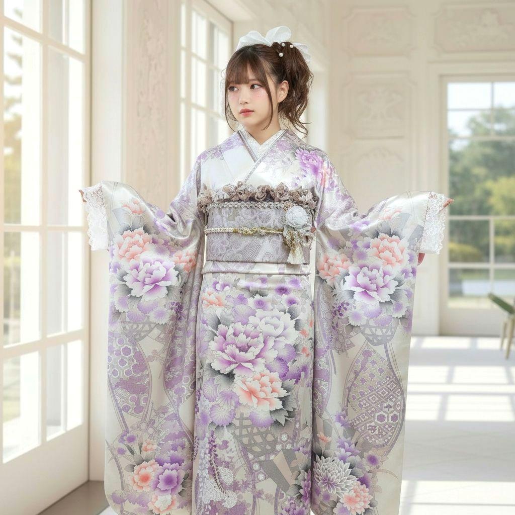 振袖フルセット(12点)・成人式・くすみ・豪華刺繍・銀彩加工・大輪牡丹・正絹