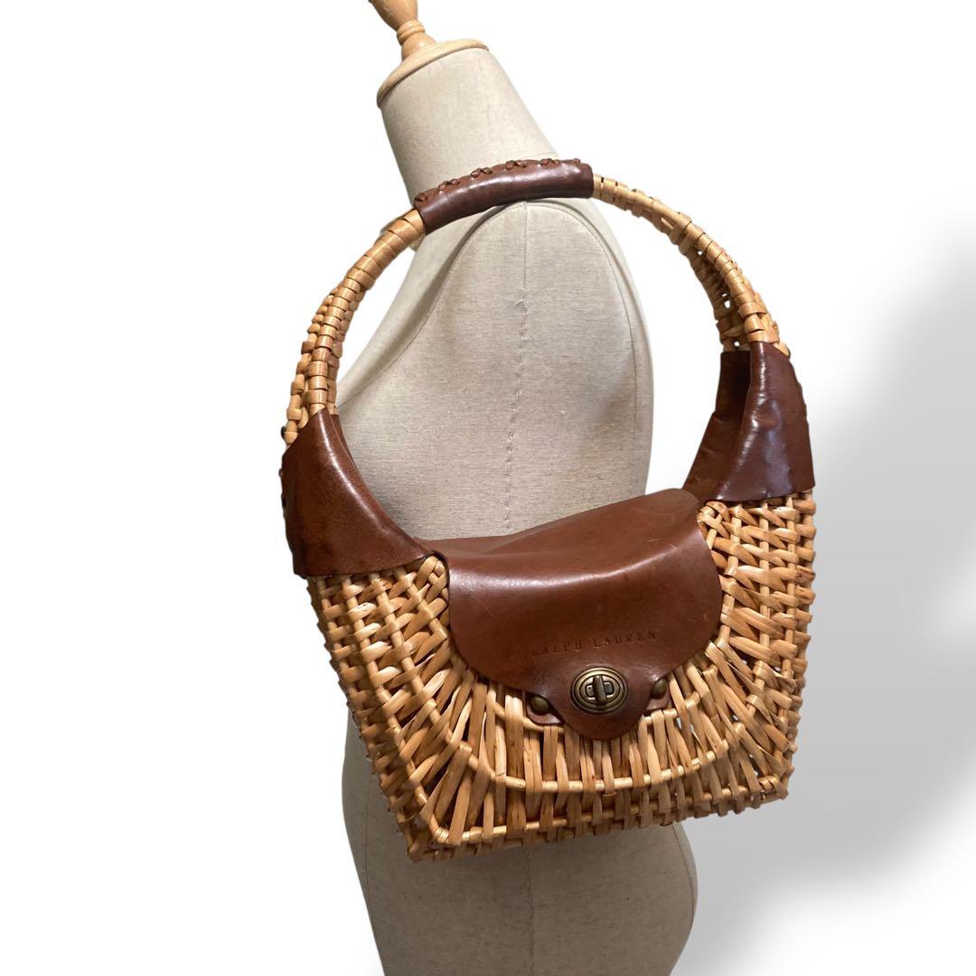 【美品】ラルフローレン　カゴバッグ　ワンショルダー　レザー　ロゴ型押し　ブラウン