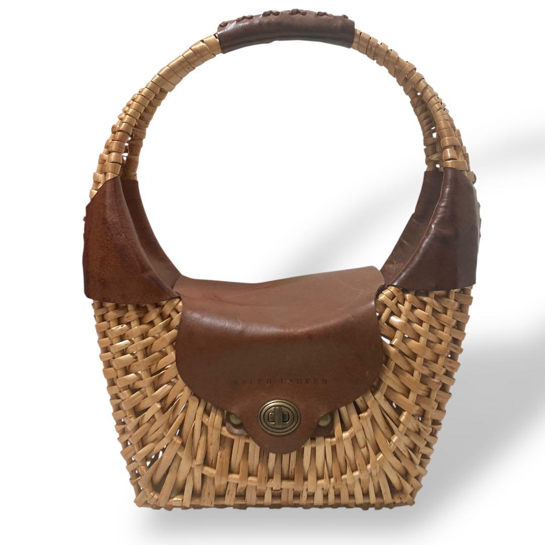 【美品】ラルフローレン　カゴバッグ　ワンショルダー　レザー　ロゴ型押し　ブラウン