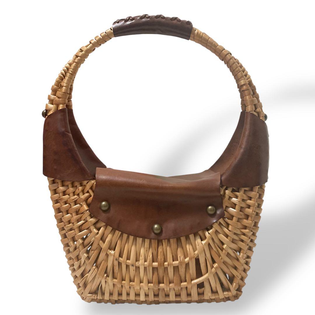 【美品】ラルフローレン　カゴバッグ　ワンショルダー　レザー　ロゴ型押し　ブラウン