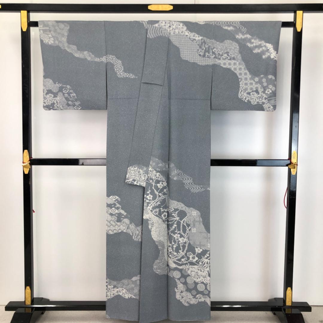 ☆ 訪問着 作家物 古代型七十七選 道長取り 薄藍鼠色 縮緬 K-4607