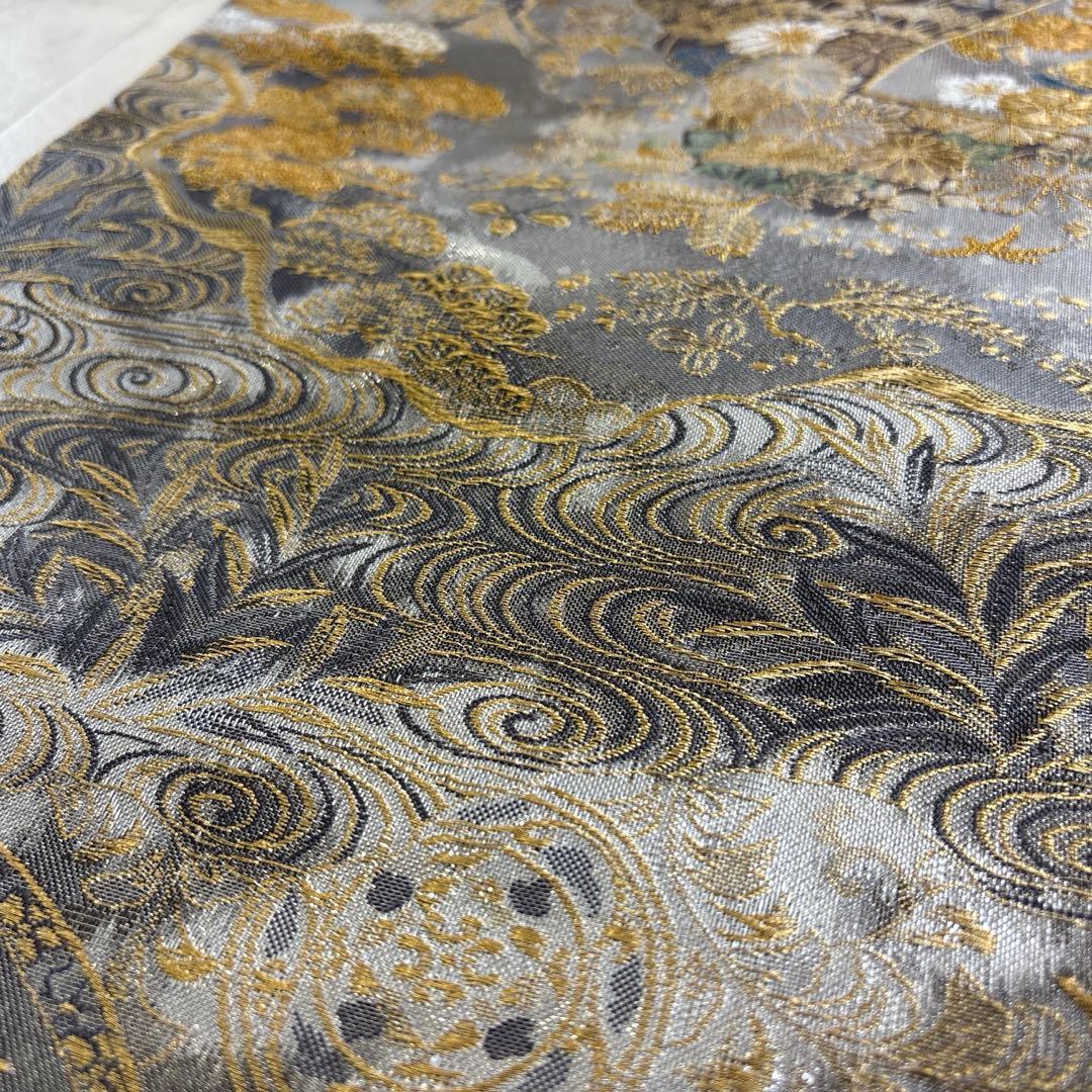 袋帯 六通 扇 松 菊 紅葉 牡丹 流水 唐織 刺繍