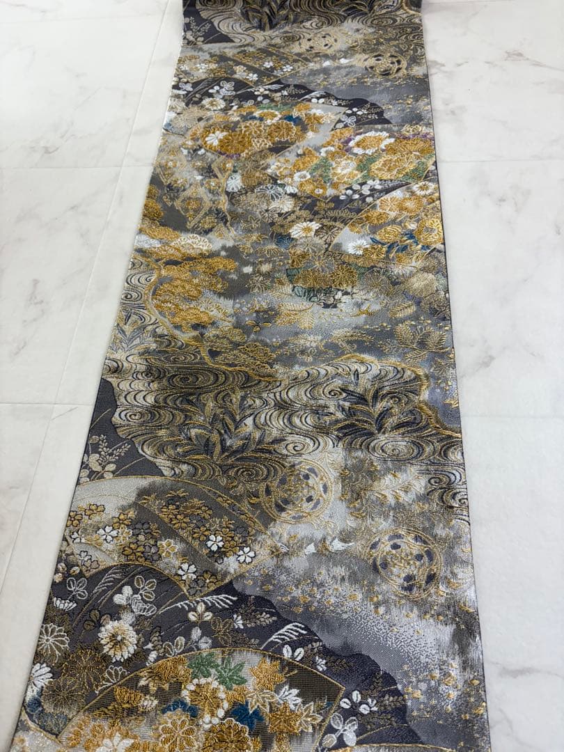 袋帯 六通 扇 松 菊 紅葉 牡丹 流水 唐織 刺繍