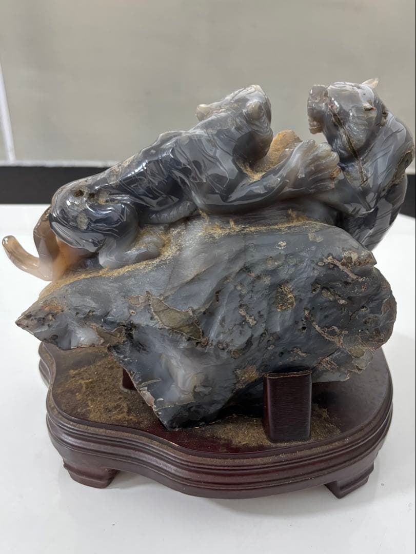 瑪瑙 双虎彫刻置物 希少 中国