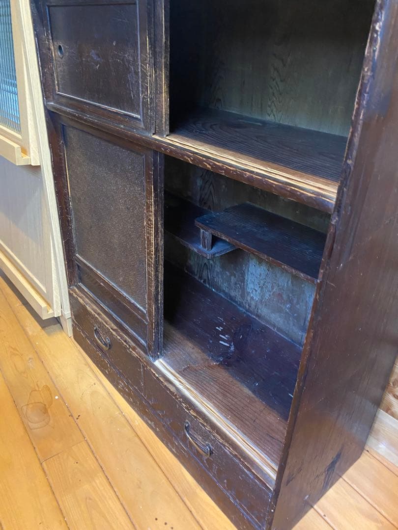 茶箪笥収納棚食器棚タンスダイヤガラス時代物 アンティーク 和モダン 昭和レトロ