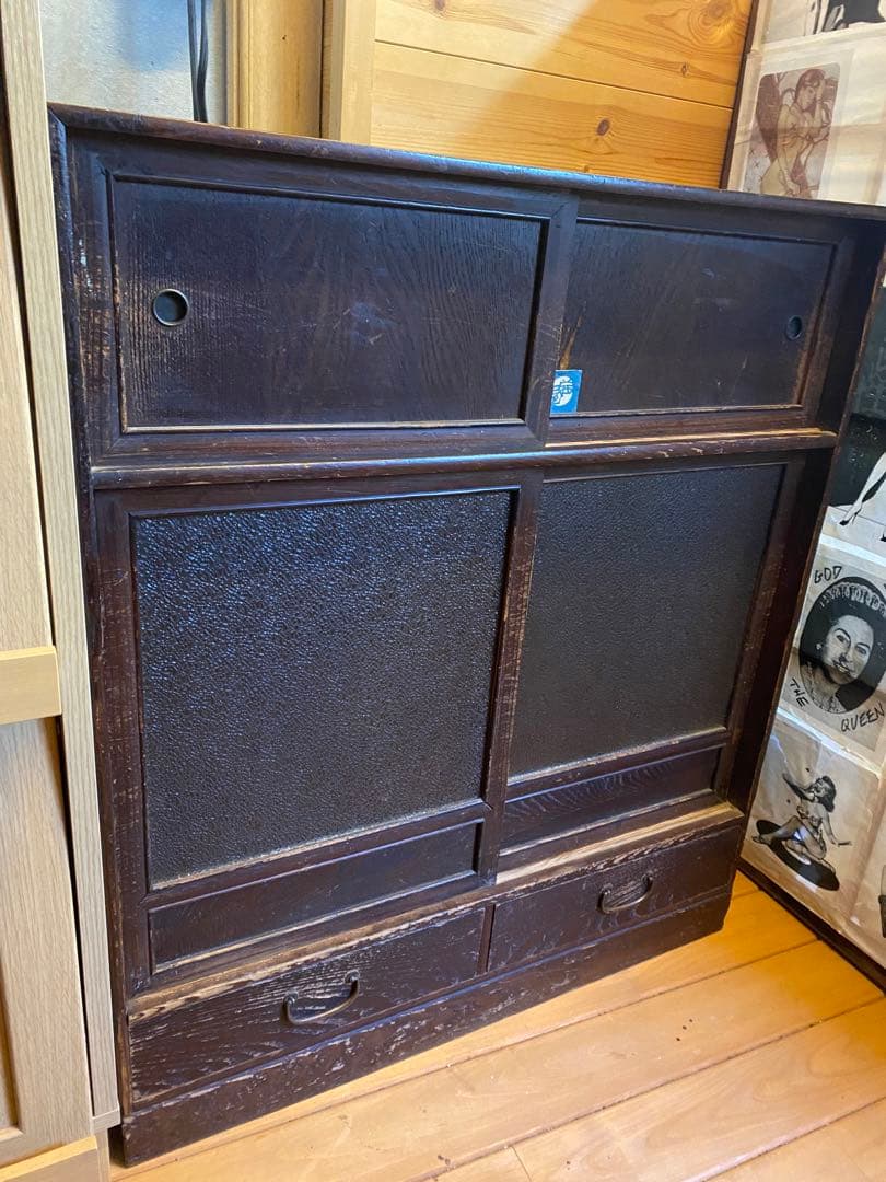 茶箪笥収納棚食器棚タンスダイヤガラス時代物 アンティーク 和モダン 昭和レトロ