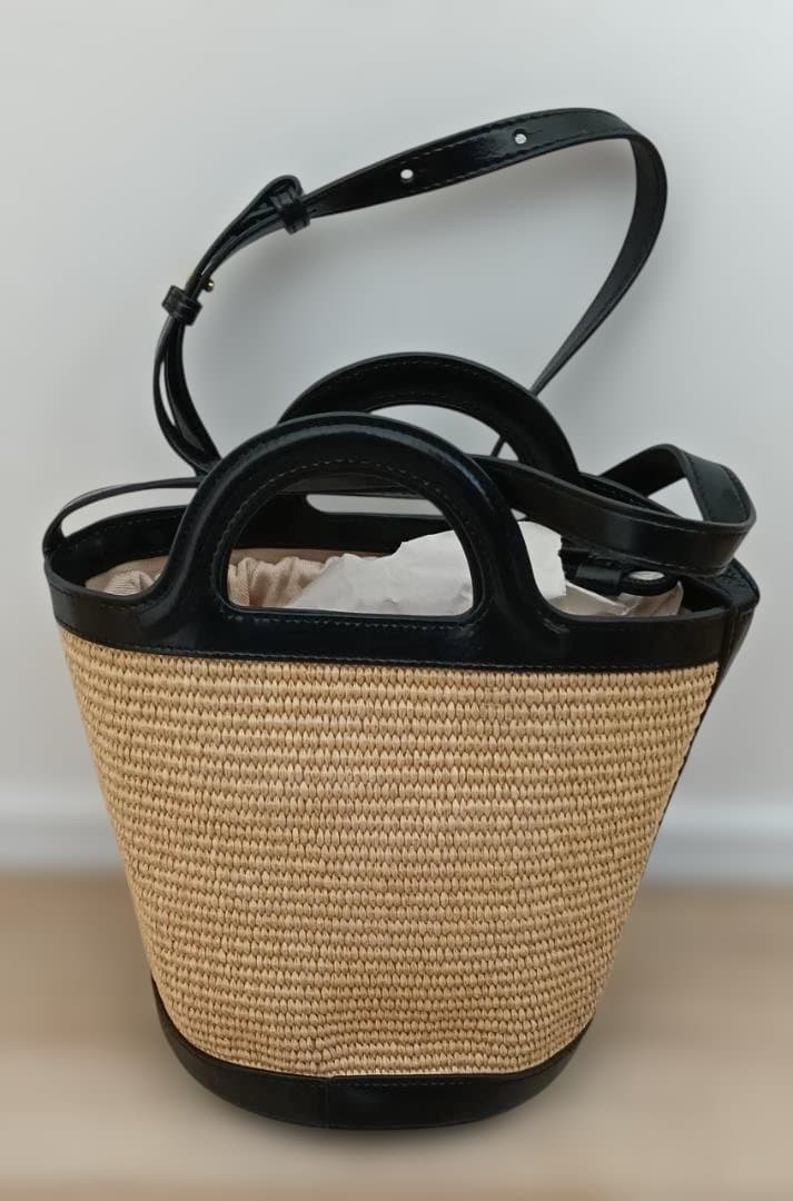 MARNI ロゴ ストロー&レザー ショルダーバッグ ベージュ×黒