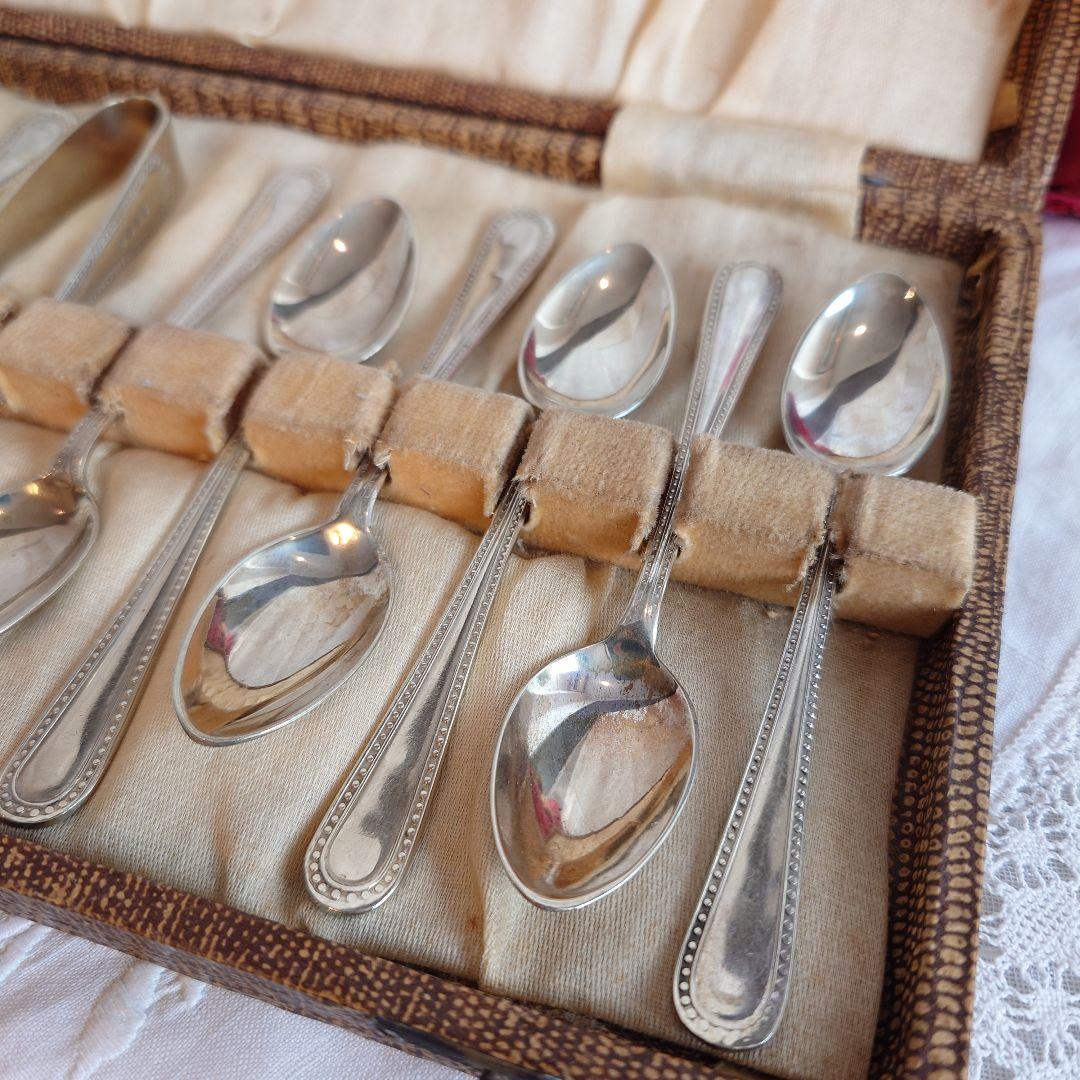 イギリス　アンティーク　シルバースプーン　シュガートング　セット　箱付き
