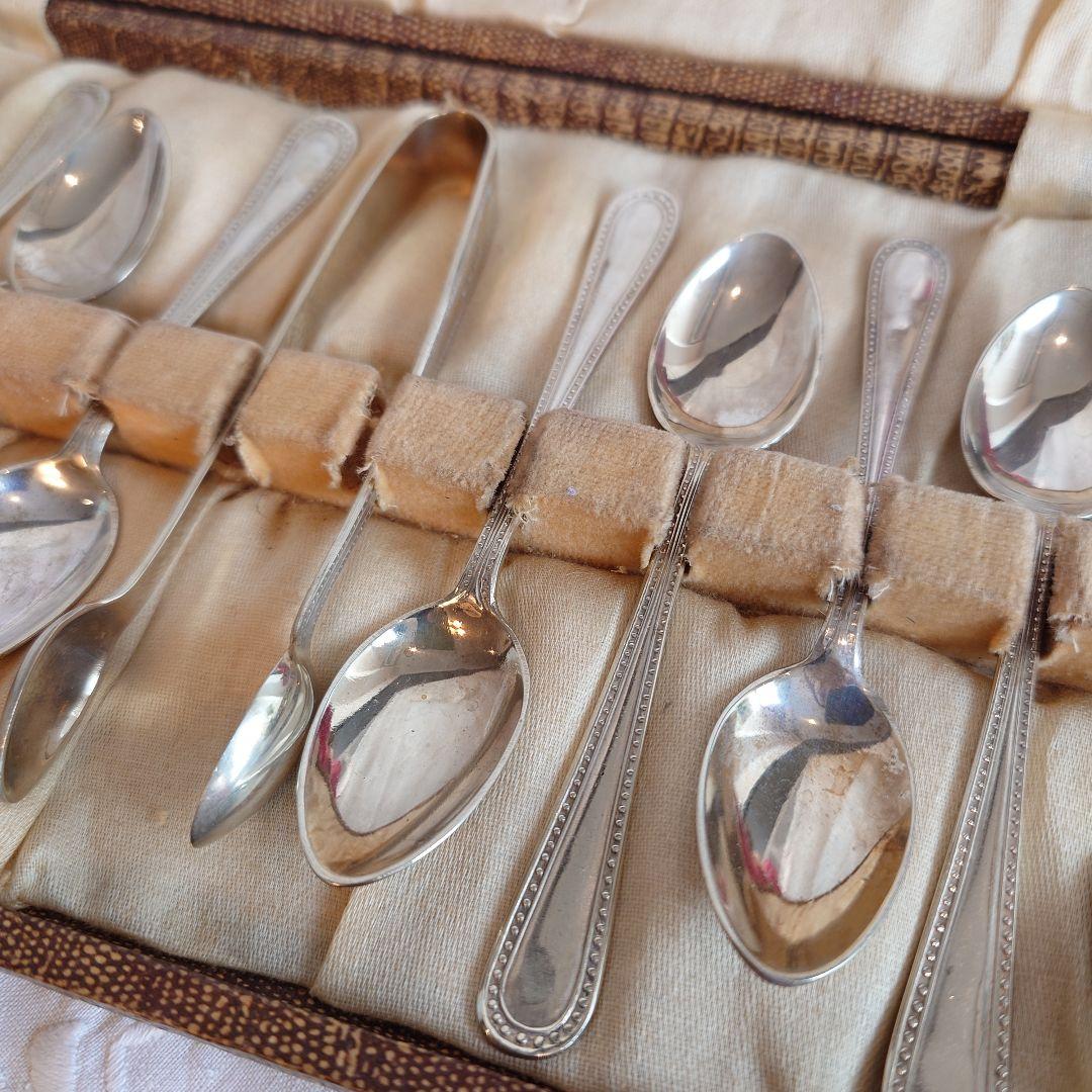 イギリス　アンティーク　シルバースプーン　シュガートング　セット　箱付き