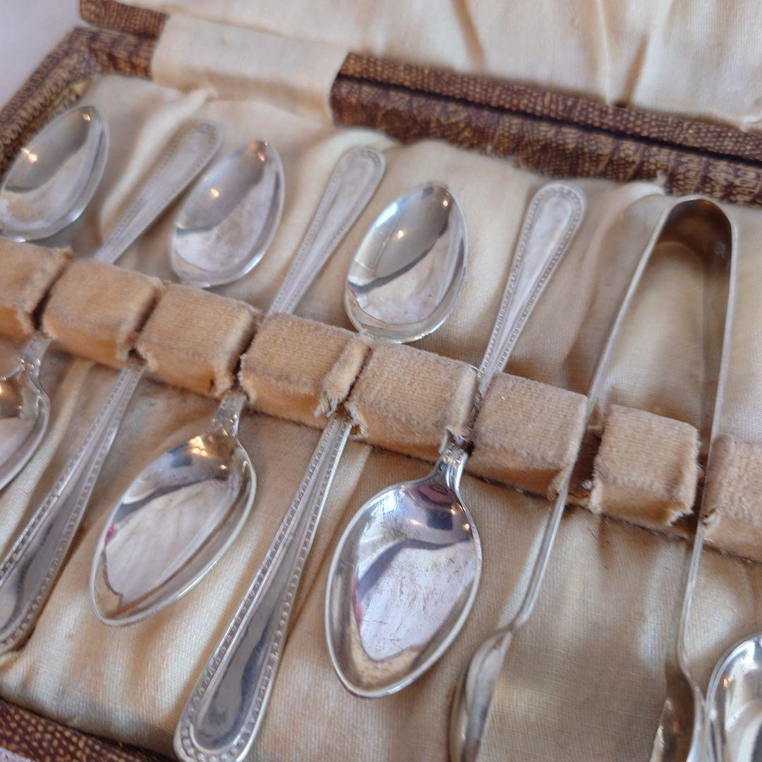 イギリス　アンティーク　シルバースプーン　シュガートング　セット　箱付き