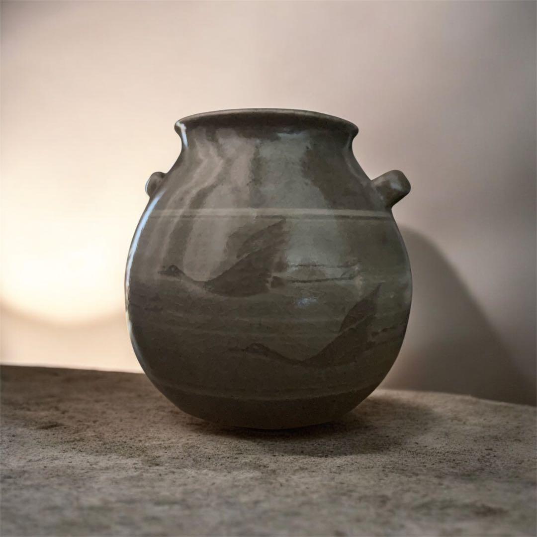 美品　唐津焼 宸山窯 鶴 壺 花器 木箱　共箱 久峰陶苑　送料無料　骨董　和風