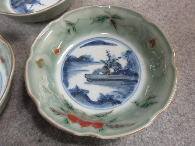 古伊万里青磁栗図なます皿10枚 [B24844]