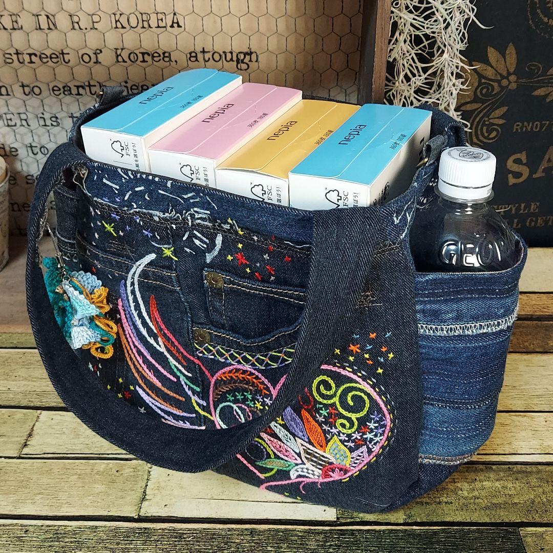 刺繍デニムバック　No.670　デニムリメイクチューリップバック　刺繍バック
