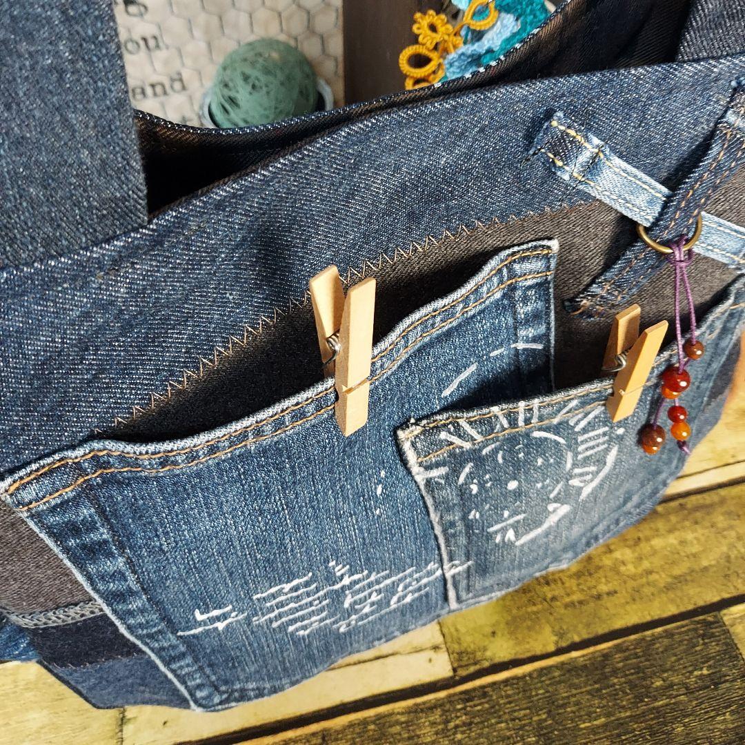 刺繍デニムバック　No.670　デニムリメイクチューリップバック　刺繍バック